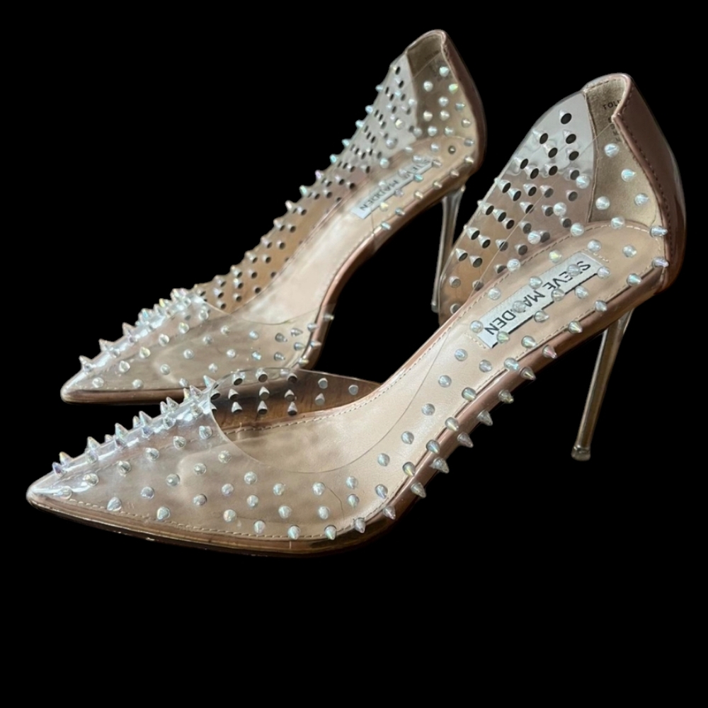 Steve Madden Tolmay Taupe Clear Iridescent Spike Studded Heel 6.5